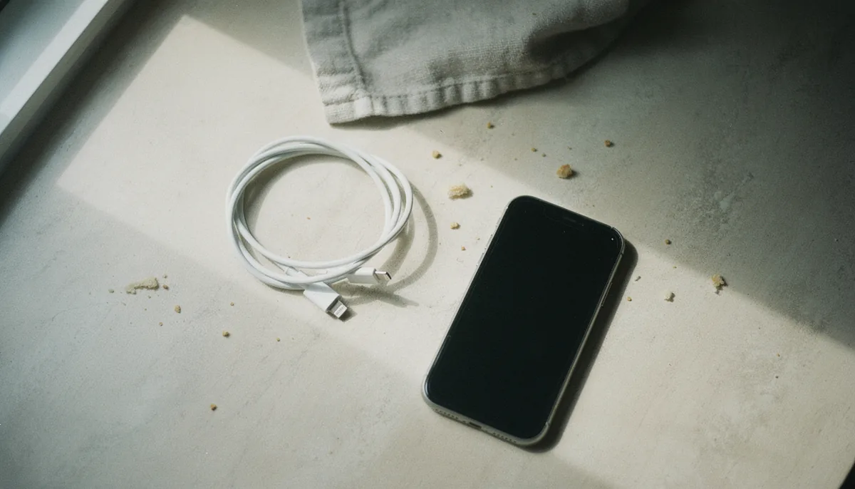 Perabet Android Apk indir 2 Sabah ışığında mutfak tezgâhında kıvrılmış USB-C şarj kablosu ve ekranı kapalı telefon