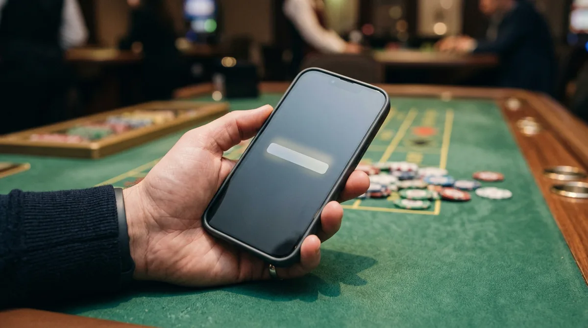 Perabet Bonus 2 Yeşil çuha masa üzerinde telefonda çevrim ilerlemesini kontrol eden bir el