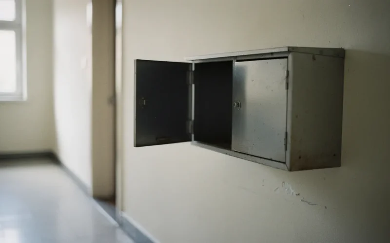 Apartman koridorunda yan yana iki posta kutusu, biri açık ve boş