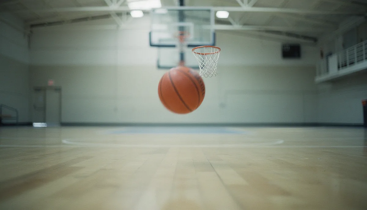 Boş kapalı salonda potaya doğru havada giden bir basketbol topu