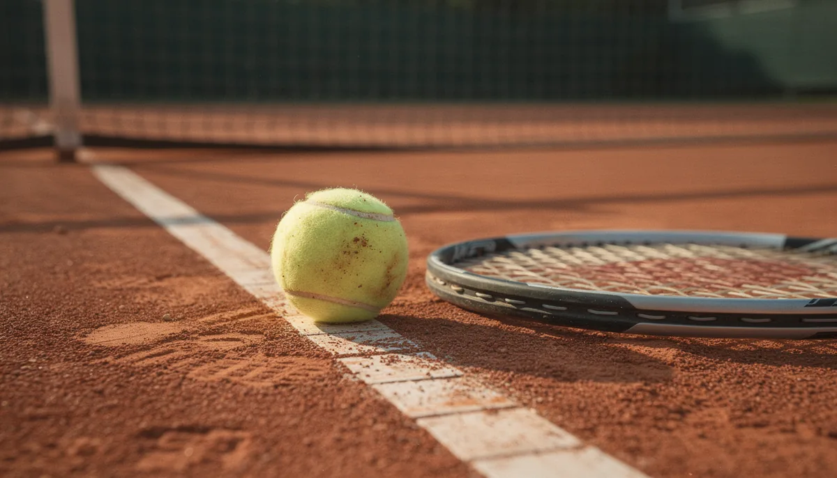 Toprak kortta çizgi üzerinde duran tenis topu ve yere bırakılmış raket