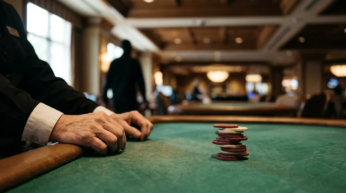 Perabet Casino 1 Yeşil çuha kaplı casino masasında birkaç çip ve kenarda krupiyenin elleri