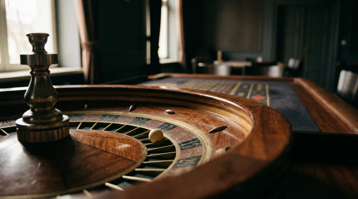 Perabet Casino Discount 1 Yandan ve alçak açıdan çekilmiş, bilyesi bir cebe oturmuş rulet çarkının yakın planı