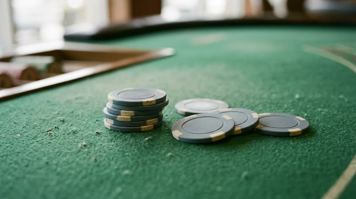 Yeşil çuha üzerinde duran birkaç casino çipinin yakından çekilmiş sakin görünümü