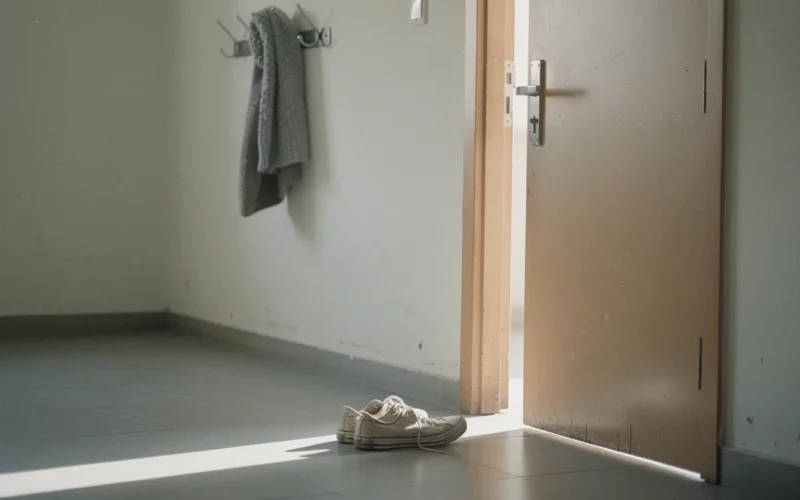 Sabah ışığında aralık duran ahşap apartman kapısı ve eşikte bekleyen bir çift ayakkabı