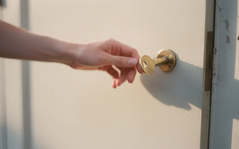 Sabah ışığında apartman kapısının kilidinde anahtarı çeviren bir el yakın planda