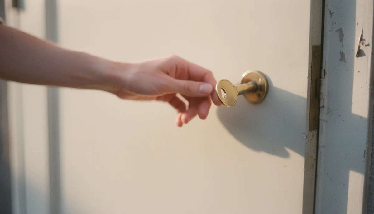 Perabet Kolay Giriş Nasıl Yapılır? 1 Sabah ışığında apartman kapısının kilidinde anahtarı çeviren bir el yakın planda