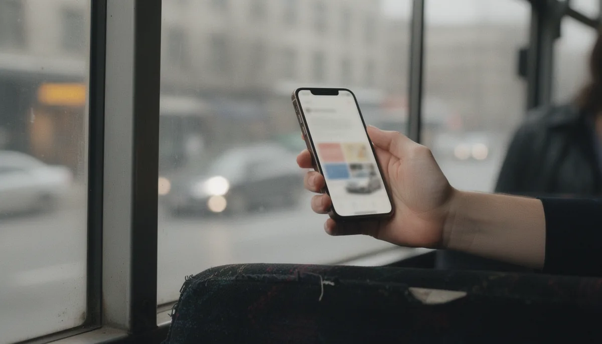 Perabet Mobil Giriş 1 Bulutlu bir günde şehir otobüsünde pencere kenarında telefon tutan bir el